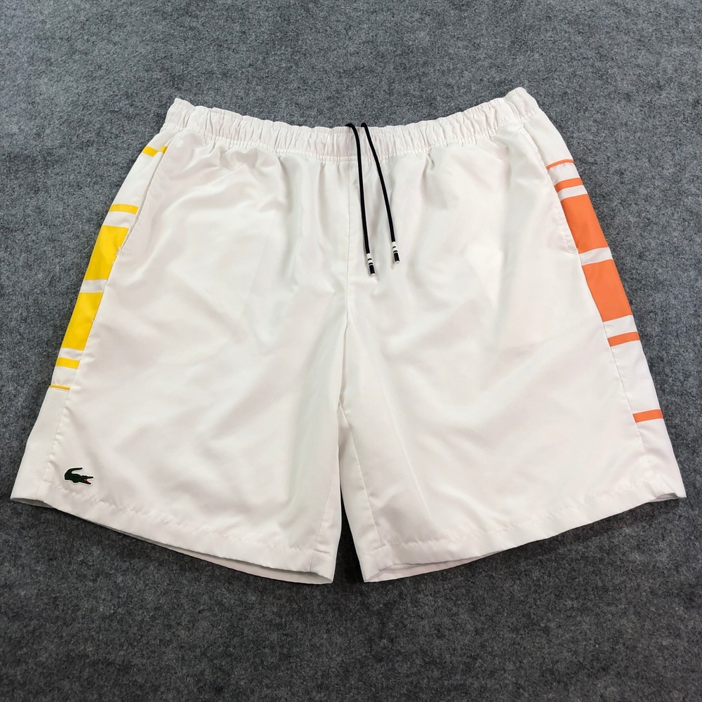 Lacoste Mens Shorts XXL White Solid with Color Block Stripes Performance Stretch